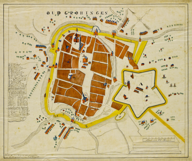 Detailiertes altes Stadtplan von Oud Grohingen mit Straßen, Gebäuden, Sehenswürdigkeiten und beschreibendem Text.