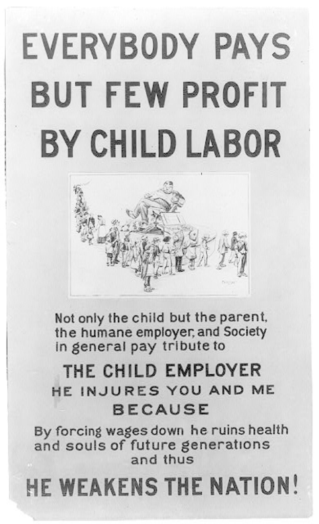 Schwarzes und wei├čes Plakat mit dem Text 'Jeder zahlt, aber wenige profitieren von Kinderarbeit' mit einer Gruppe von Menschen, die gegen Kinderarbeit protestieren.