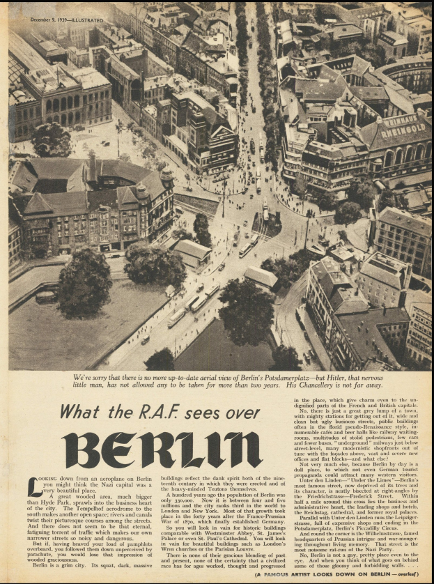 Eine alte Zeitung mit einer Stadtansicht, die Gebäude, Bäume und Fahrzeuge zeigt, sowie begleitenden Text, der wahrscheinlich die Stadt beschreibt.