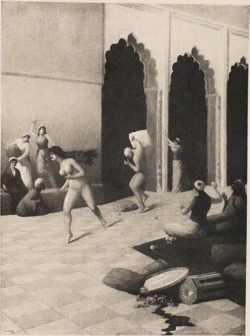 Schwarz-weiß-Zeichnung einer Gruppe von Menschen in einem Raum mit einer Wand und Säulen im Hintergrund, mit der Beschriftung "Gustav Klimt - Der Tanz der Nymphen" unten.