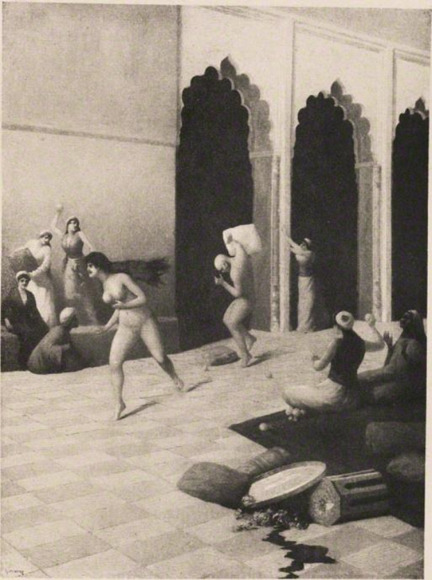 Schwarz-weiß-Zeichnung einer Gruppe von Menschen in einem Raum mit einer Wand und Säulen im Hintergrund, mit der Beschriftung "Gustav Klimt - Der Tanz der Nymphen" unten.