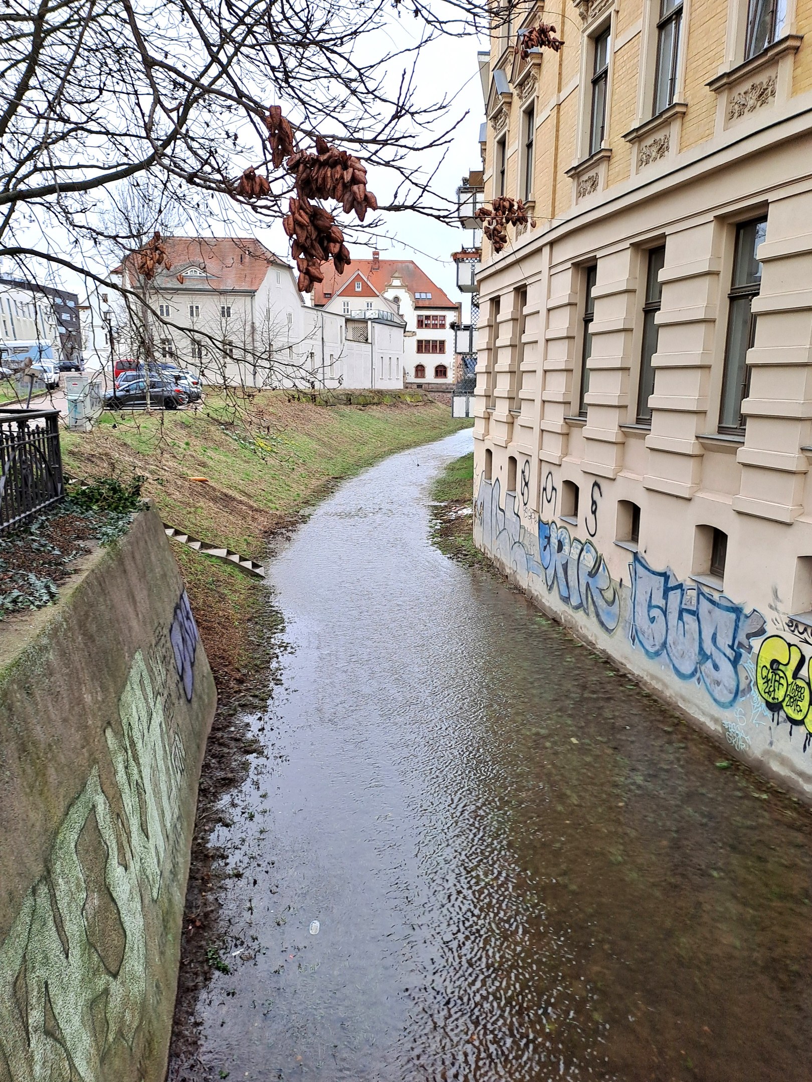 Kleiner städtischer Bach, der von einem Geländer und einer graffiti-bedeckten Wand begrenzt wird, mit Gebäuden, Bäumen, Fahrzeugen und Himmel im Hintergrund.
