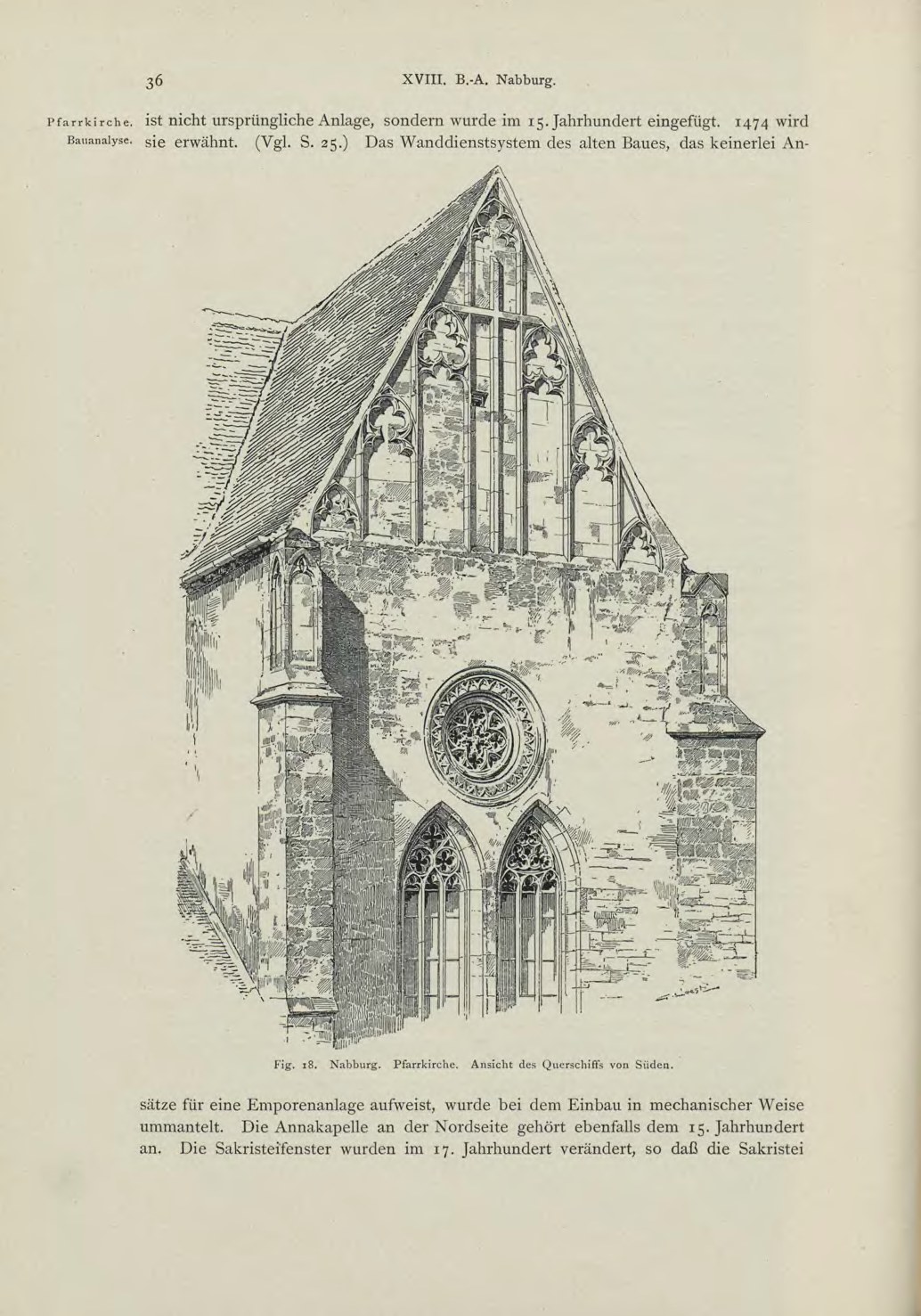 Ein altes Buch mit einer detaillierten Zeichnung einer Kirche mit sichtbaren Fenstern, Bögen und Dach, begleitet von Text über die Kirche.