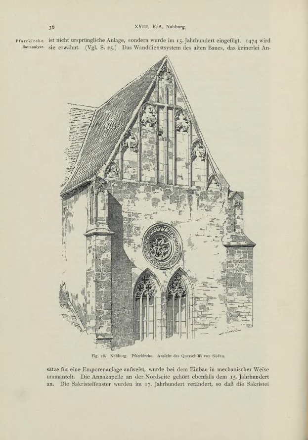 Ein altes Buch mit einer detaillierten Zeichnung einer Kirche mit sichtbaren Fenstern, Bögen und Dach, begleitet von Text über die Kirche.