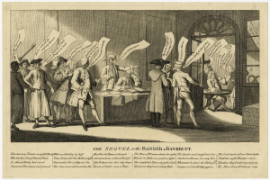 Gruppe von Menschen um einen Tisch versammelt mit Papieren, anderen Gegenstaenden auf dem Tisch und einer Wand mit einer Tuere im Hintergrund, mit Text unten lesend "Die Fortsetzung der Banker's Bankruptcy".