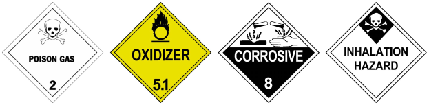 Vier gelb-schwarze Gefahrenzeichen mit den Aufschriften "Oxidationsmittel", "Korrosiv" und "Lungengefährlich", mit einem Totenkopf-Symbol auf weißem Hintergrund.