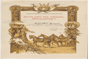 Ein Plakat mit einer Gruppe von Pferden, die in einem Feld laufen, vor einem Sonnenuntergang als Hintergrund, zusammen mit dem Text "Dyplom na Medal Bronzowy".