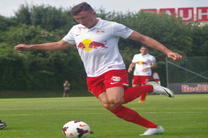 Ein Mann in einem Fussballtrikot schie├čt einen Ball auf einem gr├╝nen Feld mit B├Ąumen und einem klaren blauen Himmel im Hintergrund, mit einem Schild mit der Aufschrift "RB Leipzig" im Bild.