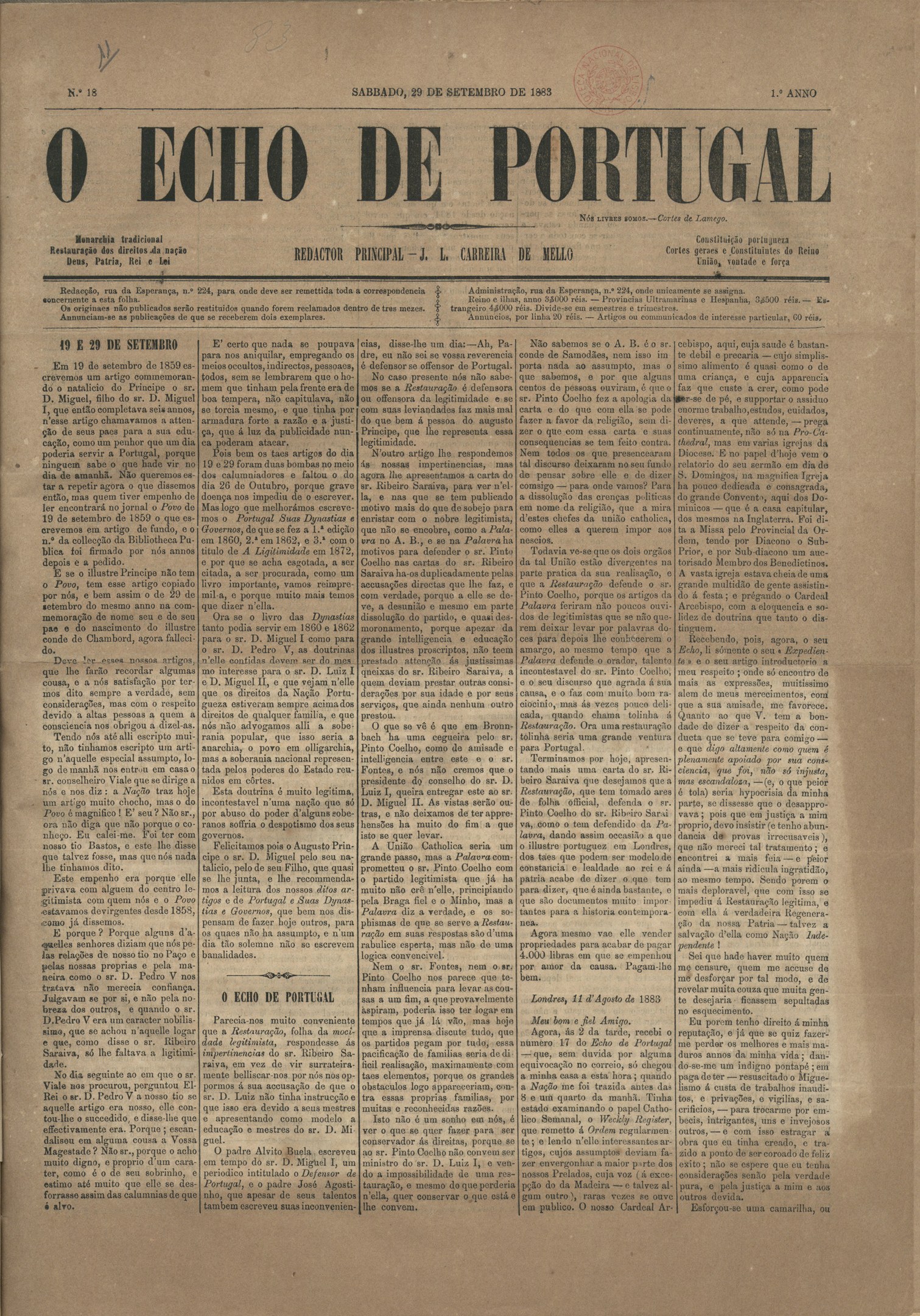 Altes, gelbliches Zeitungsblatt mit der Überschrift "O Echo de Portugal" in fetter schwarzer Schrift.