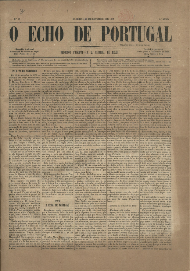 Altes, gelbliches Zeitungsblatt mit der Überschrift "O Echo de Portugal" in fetter schwarzer Schrift.