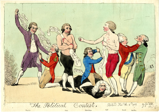 Politisches Cartoon mit dem Titel "Der politische Wettbewerb", das Menschen in bunten Kleidern zeigt, wobei eine Person in der Mitte auf dem Boden liegt.