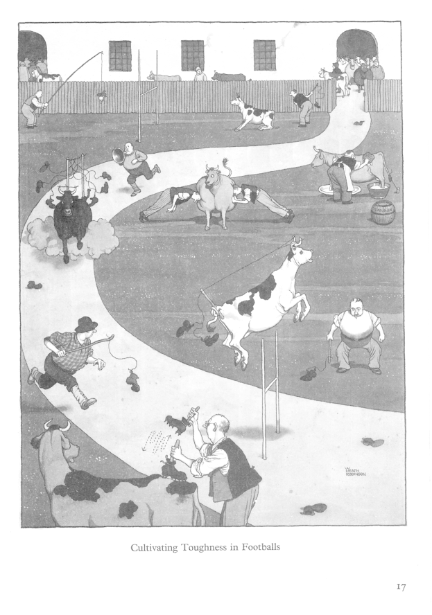 Eine Schwarz-Weiß-Zeichnung von Menschen und Tieren in einem Feld mit einer Wand und Fenstern im Hintergrund und Text unten, der "Zähigkeit im Fußball kultivieren" lautet.