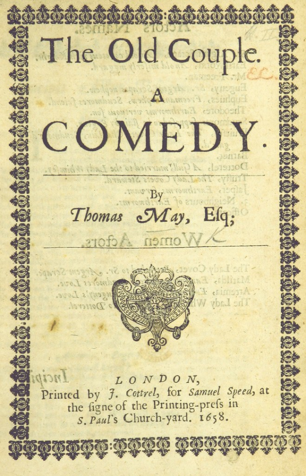 Umschlag eines alten Buches mit dem Titel "The Old Couple: A Comedy" und einem Logo auf der Umschlagseite.