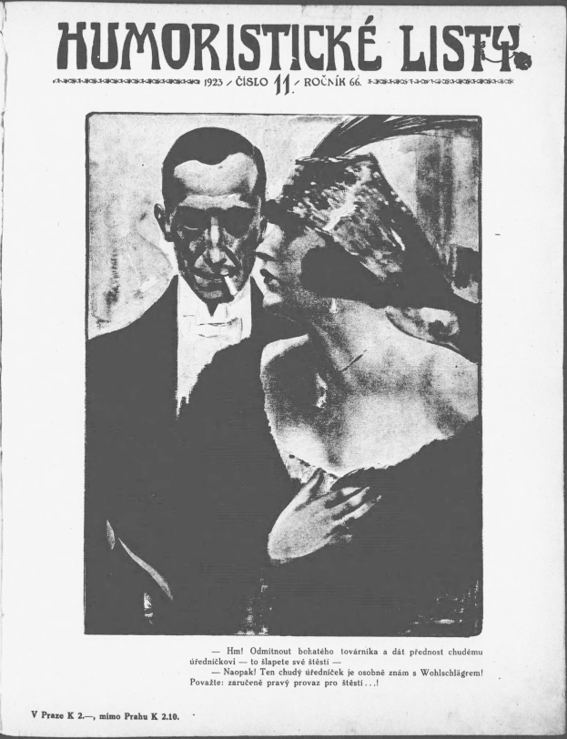 Schwarz-weißes Magazin-Cover mit der Aufschrift 'Humoristische Liste', das einen Mann in einem Anzug mit ernster Miene und eine Frau zeigt, die schmunzelnd wegsieht.