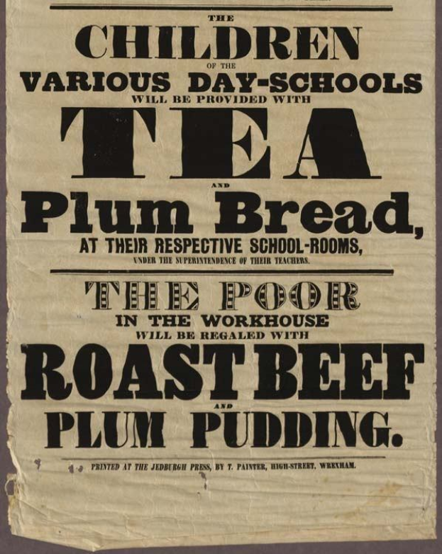 Ein Blatt mit Text, auf dem steht, dass Kinder aus verschiedenen Tagesschulen Tee, Pflaumenbrot, Roastbeef und Pflaumenpudding erhalten werden.