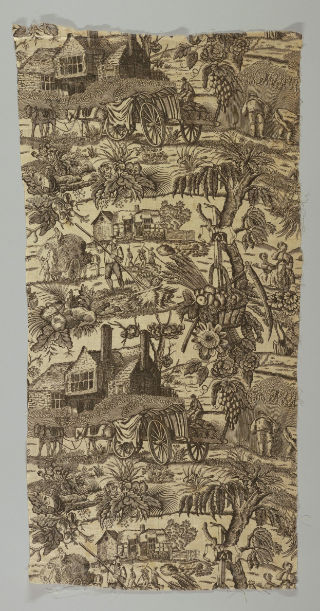 Ein Blatt mit einer Zeichnung einer Dorfszene, einschließlich Bäumen, Menschen, Karren, Häusern und anderen Gegenständen.