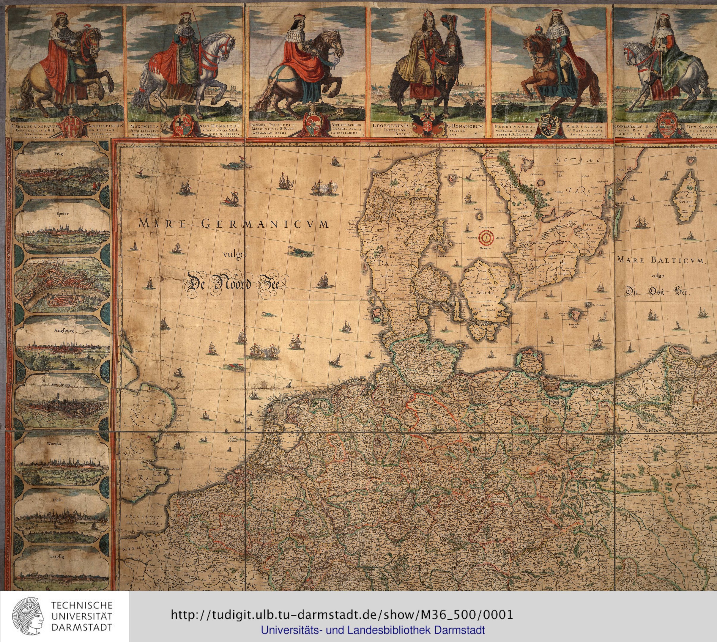 Ein detaillierter Deutschland-Karte mit einer Gruppe von Menschen in traditioneller Kleidung auf Pferden im Hintergrund und Text unten.