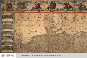 Ein detaillierter Deutschland-Karte mit einer Gruppe von Menschen in traditioneller Kleidung auf Pferden im Hintergrund und Text unten.