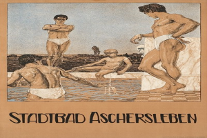 Plakat, das ein Schwimmbad in Aschersleben, Deutschland, zeigt, auf dem Menschen im Wasser zu sehen sind und Text mit Informationen zum Bad.