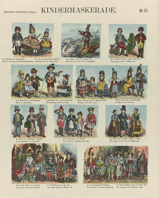 Ein Buch mit farbenfrohen Bildern von Kindern in verschiedenen Kostümen, einschließlich Masken und Hüten, mit begleitendem Text.