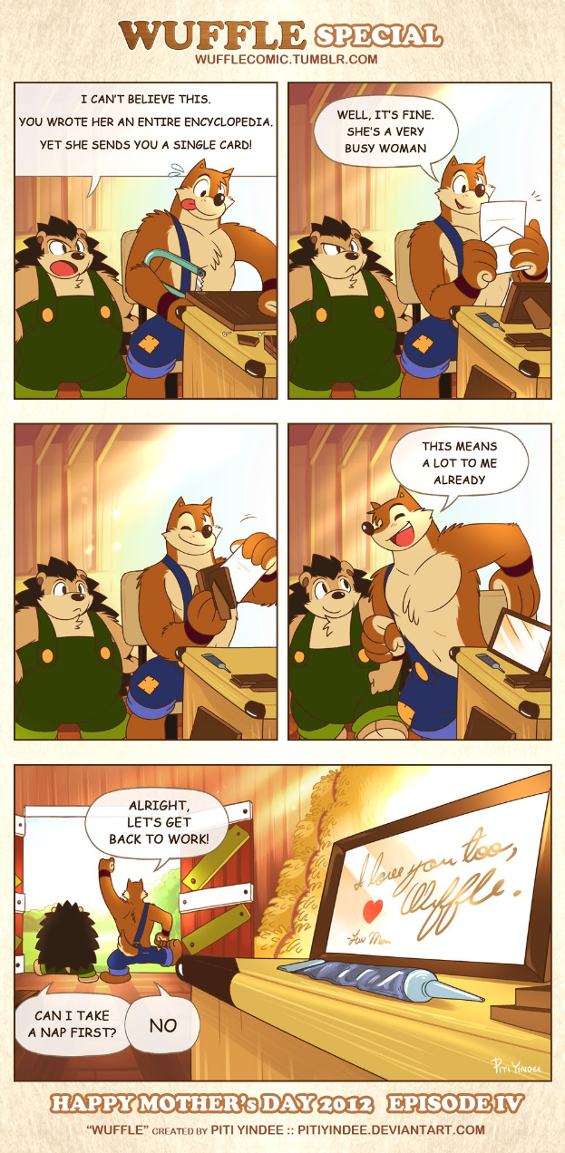 Ein Plakat mit einem hellgelben Hintergrund zeigt eine Comic-Strip-Szene eines Mannes in einem blauen Hemd und einer strahlenden Frau, mit der Schrift 'Frohe Muttertags' in einer fröhlichen Schriftart.