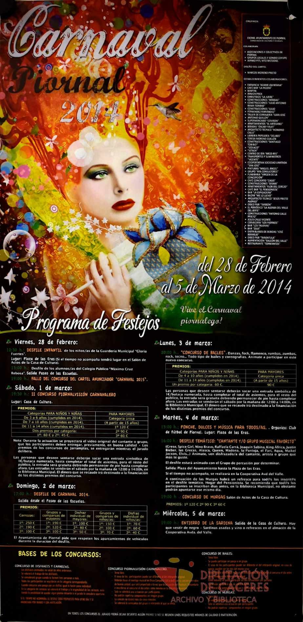 Plakat für das Karnevalsfest 2014 mit einer lachenden Frau in einem bunten Kleid auf einem lebendigen gelben Hintergrund, umgeben von schwarzem Text.