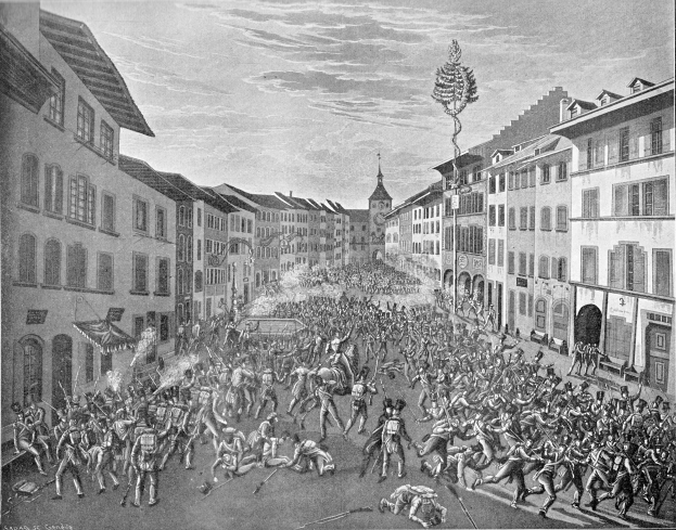 Eine Schwarz-Weiß-Zeichnung einer belebten Straße mit Gebäuden auf beiden Seiten und einem Himmel im Hintergrund, mit dem Text «The Battle of Stuttgart» unten.