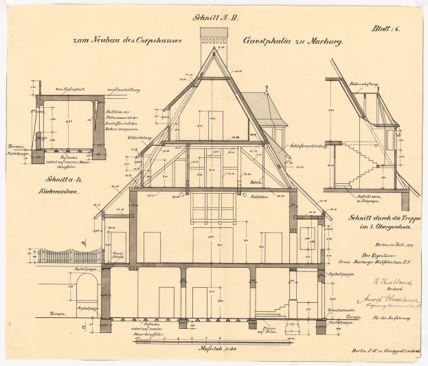 Ein detaillierter architektonischer Entwurf eines Hauses mit zahlreichen Fenstern und einem Dach, der als erstes Haus in Deutschland gilt, begleitet von Plänen und Text, der seinen Aufbau beschreibt.