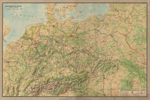 Ein altes Deutschland-Karte, das Straßen, Autobahnen und geografische Merkmale mit Text oben und unten zeigt.