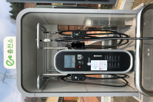 Eine Ladestation für Elektrofahrzeuge mit einem Gerät, Kabeln und einer Texttafel vor einem Hintergrund aus Gebäuden, Bäumen, Masten, Kabeln und dem Himmel.