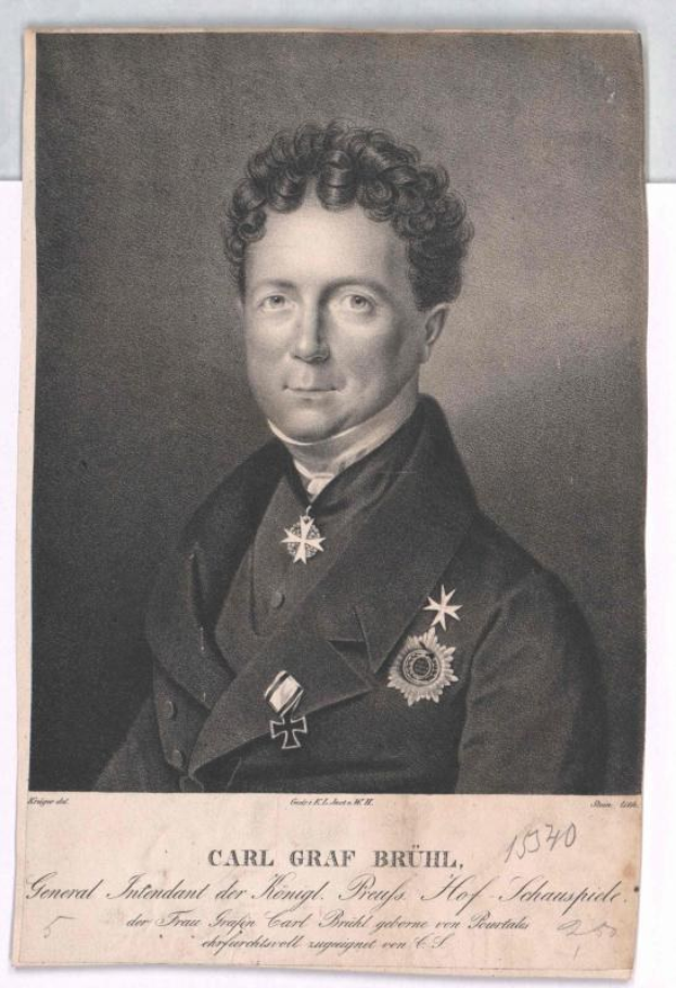 Schwarzes und weißes Porträt von Carl Graf Bruhl, einem General des Deutschen Reichs in einer mit Medaillen verzierten Jacke, mit Text unten.