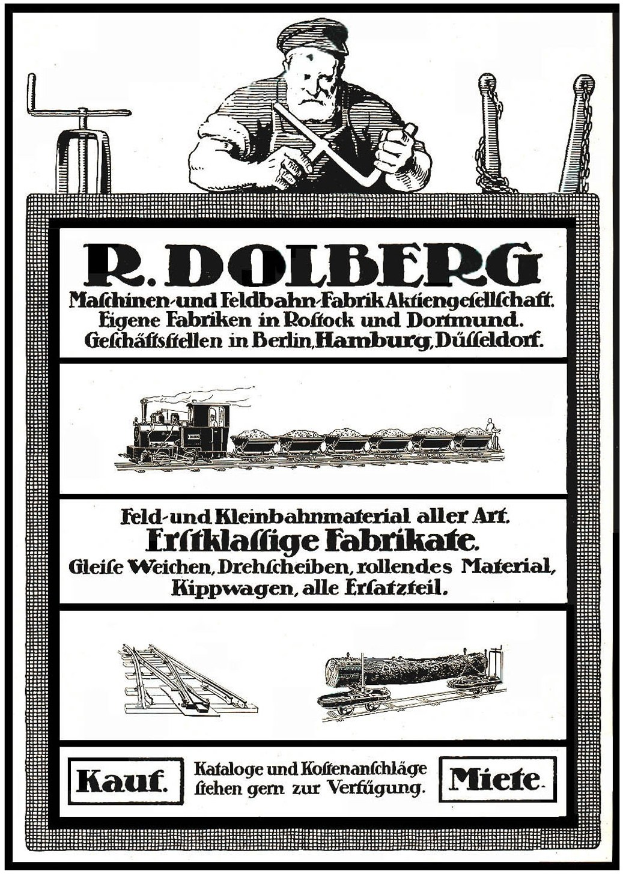 Werbeplakat für R.D. Dolbergs Fabrik in Hamburg, Deutschland, mit Text, einer Person, einem Zug und anderen Gegenständen.