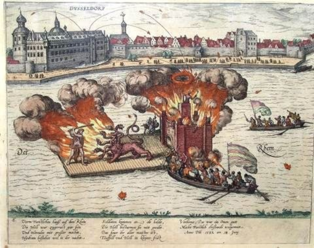 Gemälde, das die Belagerung von Dresden 1685 zeigt, mit einem Feuer auf Wasser und einem Boot voller Menschen, umgeben von Gebäuden, Bäumen und Himmel, mit der Inschrift "Düsseldorf, Belagerung der Stadt Dresden, 1685" unten.