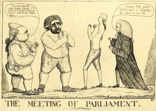 Ein Papierzeichnen mit dem Titel "Die Parlamentssitzung" zeigt drei stehende und diskutierende Personen, wobei eine Person animiert gestikuliert.