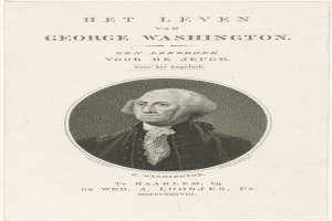 Porträt von George Washington auf Papier mit Text, frontal mit ernstem Gesichtsausdruck, mit Anzug und Krawatte, zurückgekämmtes Haar sichtbar.