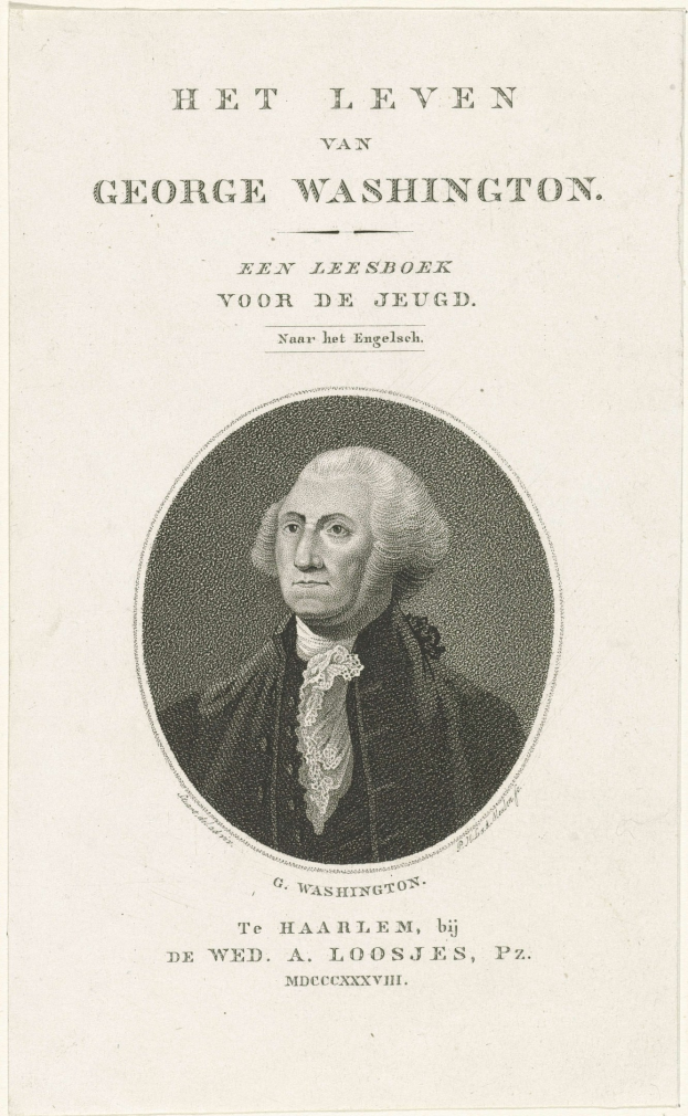 Porträt von George Washington auf Papier mit Text, frontal mit ernstem Gesichtsausdruck, mit Anzug und Krawatte, zurückgekämmtes Haar sichtbar.