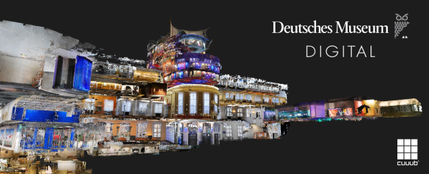 Digitale Kunst des Deutschen Museums Digital mit Gebäuden im Vordergrund vor dunklem Hintergrund, mit Text und Logo rechts.
