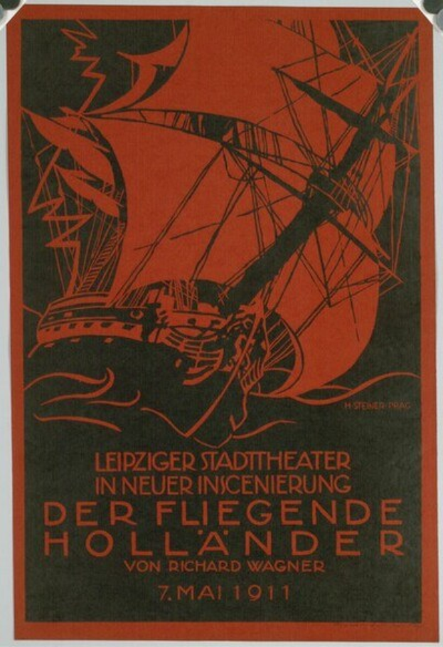 Ein Vintage-Konzertplakat für das Leipzig Stadt Theater in New Orleans, Louisiana, aus dem Jahr 1911, das eine Illustration eines Schiffs und Veranstaltungsdetails zeigt.