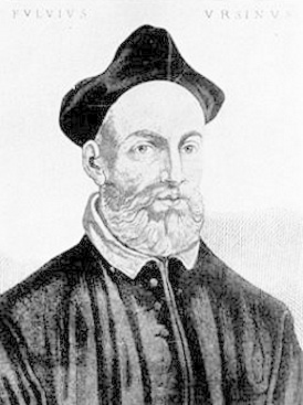 Schwarzes und weißes Zeichnung eines bärtigen Mannes in einem schwarzen Gewand und Hut, identifiziert als Gründer der katholischen Kirche.