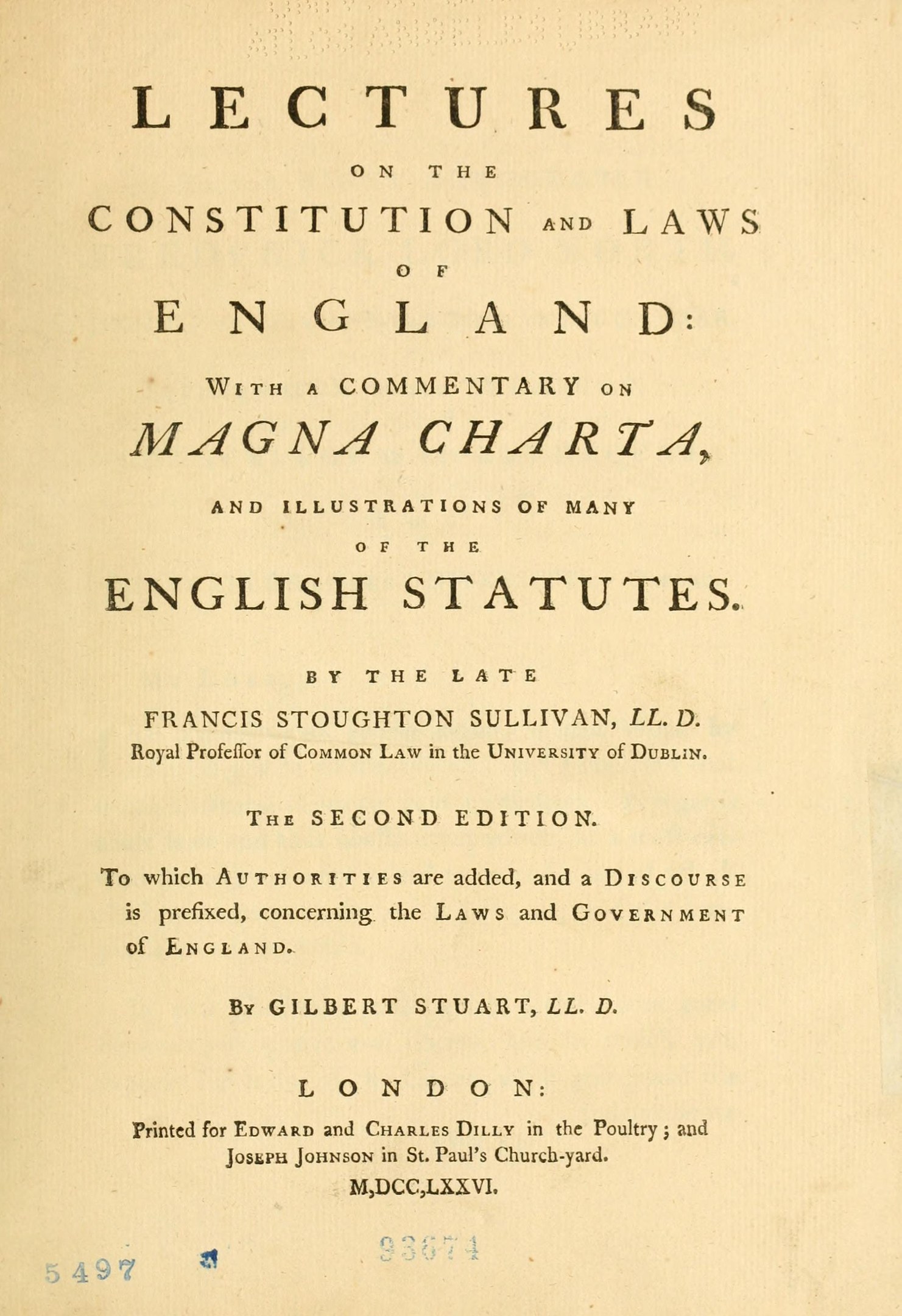 Altes Buch mit dem Titel "Vorträge über die Verfassung und Gesetze Englands mit einem Kommentar zur Magna Charta und Illustrationen vieler englischer Gesetze" geöffnet auf einer Seite mit schwarzer Tinte.