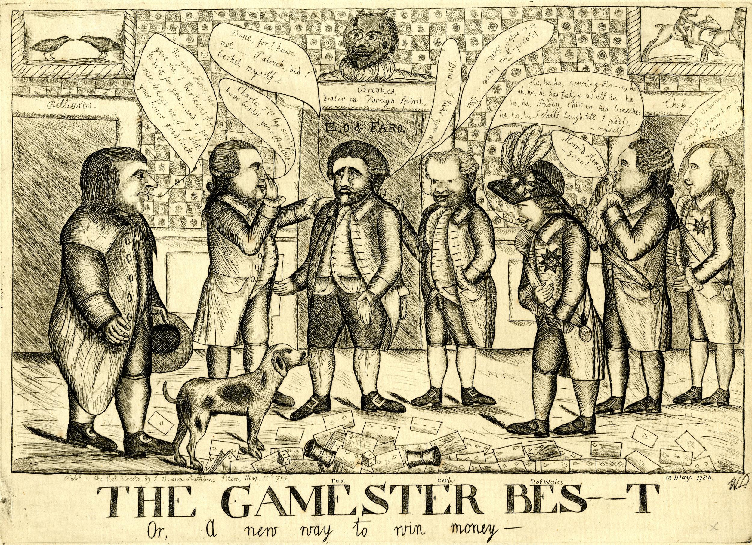 Eine historische Illustration von Menschen, die mit einem Hund ein Spiel spielen, betitelt mit "The Gamester Bes-T oder eine neue Art zu gewinnen."