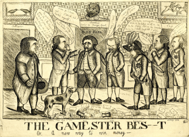 Eine historische Illustration von Menschen, die mit einem Hund ein Spiel spielen, betitelt mit "The Gamester Bes-T oder eine neue Art zu gewinnen."
