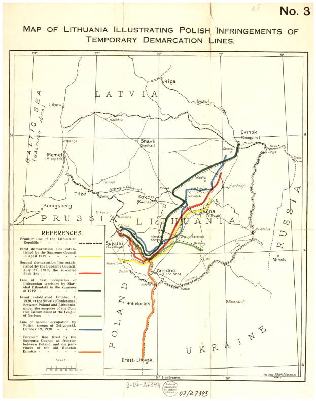 Detailierte Karte von Litauen mit markierten polnischen Verletzungen der temporären Demarkationslinien, einschließlich Städte, Ortschaften und geografische Merkmale, begleitet von erklärendem Text.