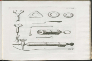 Ein aufgeschlagenes Buch auf einer flachen Oberfläche, das eine detaillierte Zeichnung verschiedener medizinischer Instrumente zeigt.