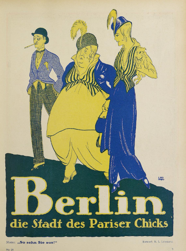 Ein Plakat wirbt für ein Konzert in Berlin, Deutschland, mit einer Gruppe farbenfroher Menschen vor einem Gebäude, darüber der Text 'Berlin - Die Stadt des Pariser Chicks'.