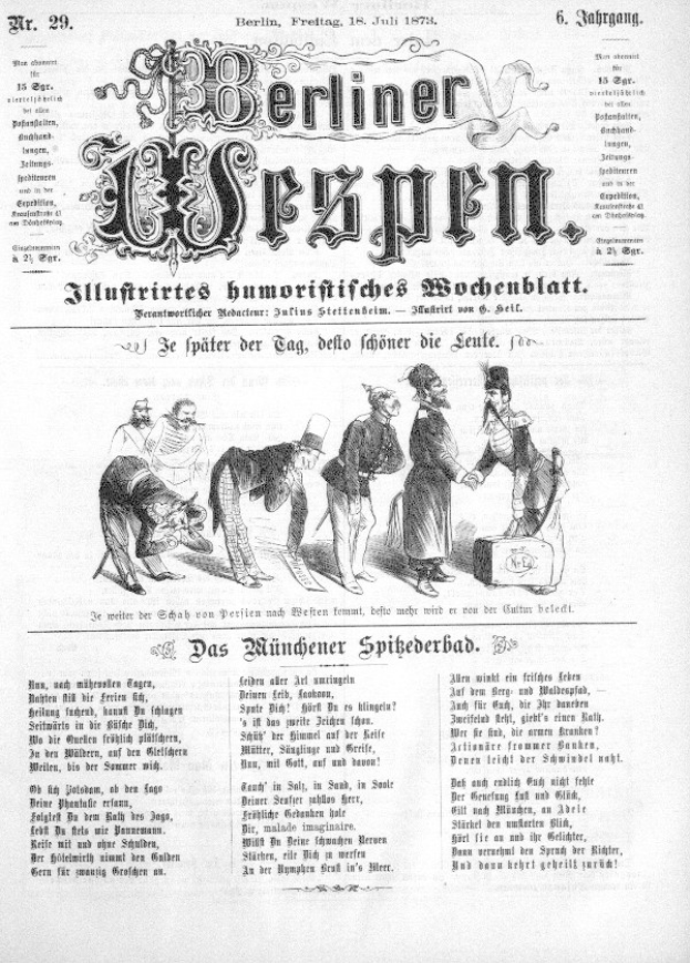 Alte Zeitung mit der Schlagzeile "Berliner Wespen" vom Juli 1873 mit einer Karikatur eines besorgten Mannes mit Zylinder und einer Frau in einem Kleid.