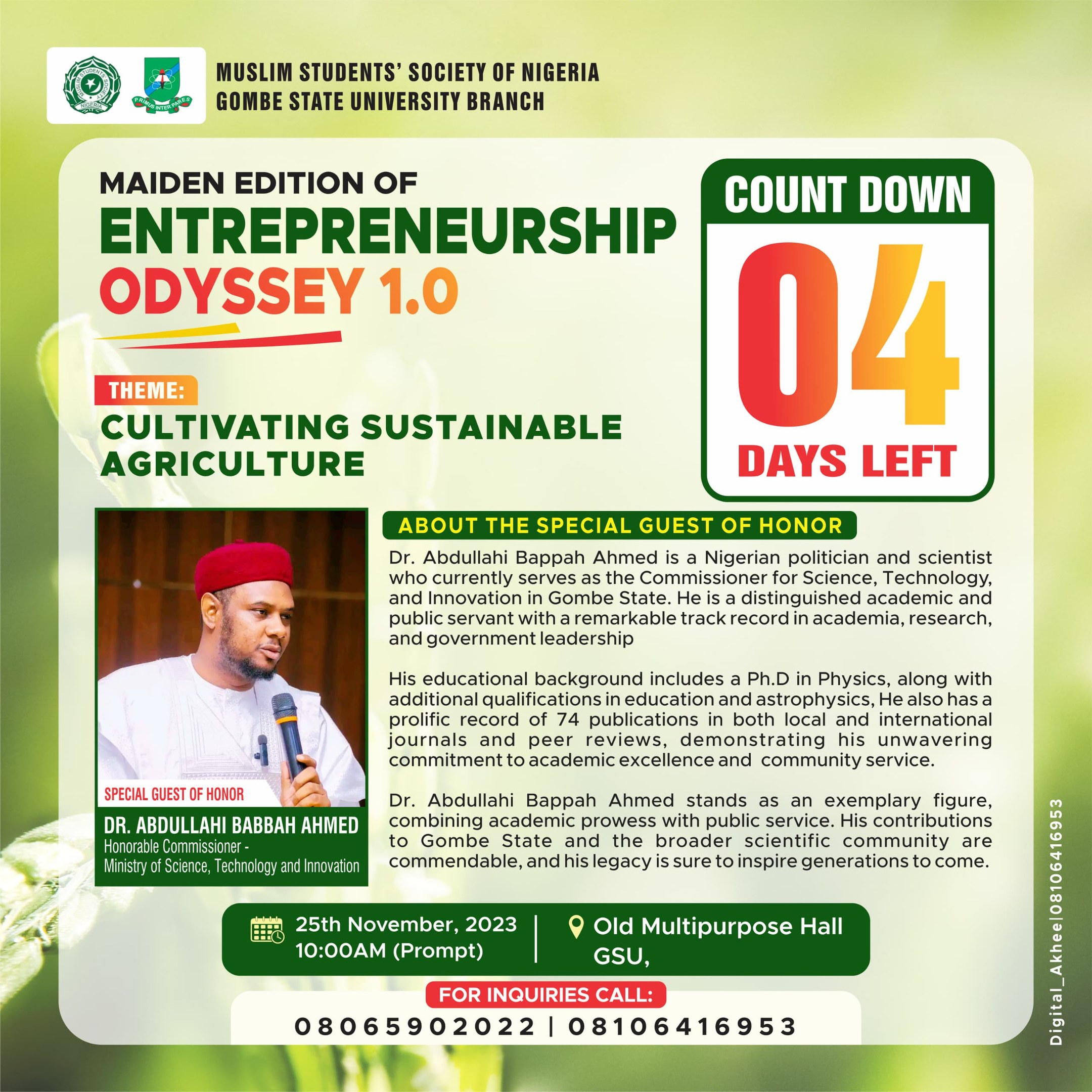 Plakat für die Premiere von "Entrepreneurship Odyssey 1.0: Kultivierung nachhaltiger Landwirtschaft" mit einer Person in einem weißen Hemd, die ein Mikrofon hält und entschlossen aussieht.