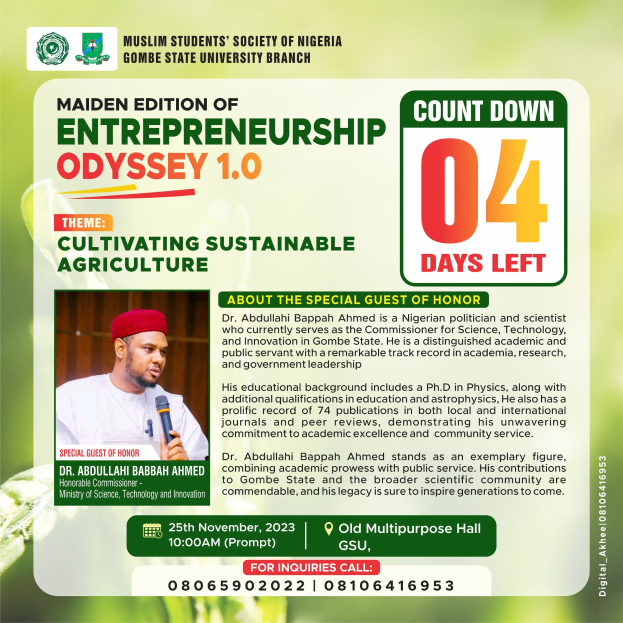 Plakat für die Premiere von "Entrepreneurship Odyssey 1.0: Kultivierung nachhaltiger Landwirtschaft" mit einer Person in einem weißen Hemd, die ein Mikrofon hält und entschlossen aussieht.