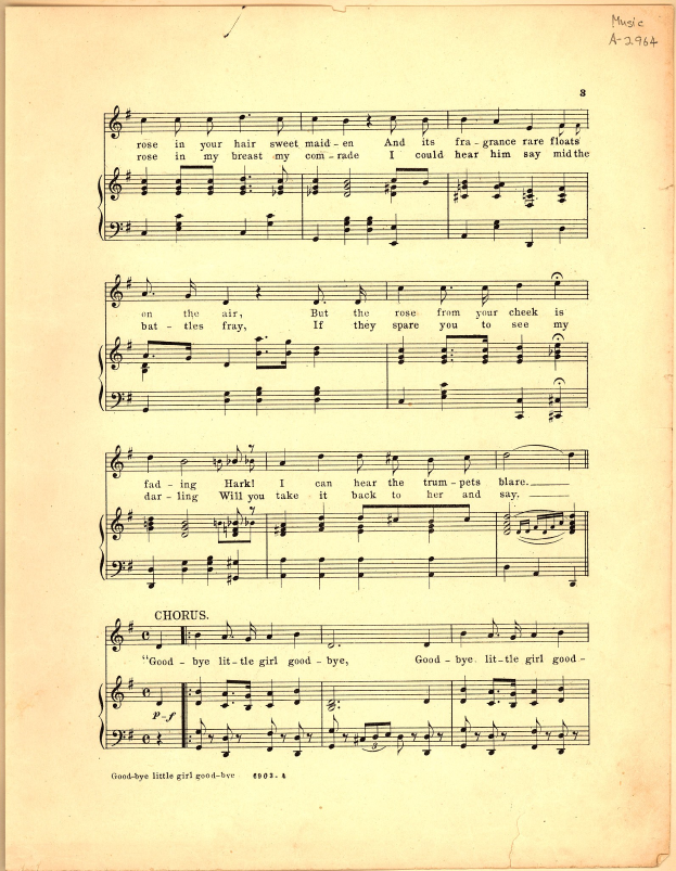 Altes Notenblatt mit der Überschrift "Goodbye Little Girl" mit Violinschlüssel und Bassschlüssel, Musiknoten und Text auf hellcremefarbenem Papier.