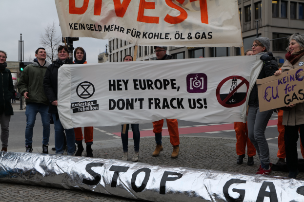 Eine Gruppe von Menschen steht auf einer Straße und hält ein "Stop Gas"-Schild und verschiedene Plakate, mit Gebäuden, Bäumen, Polen, Verkehrszeichen und einem klaren blauen Himmel im Hintergrund.